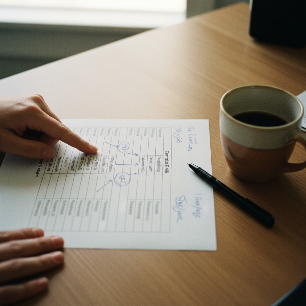 Close-up of a nurse's hands pointing to a data mapping diagram on a desk, showing fields from an old system connecting to a new EMR.
