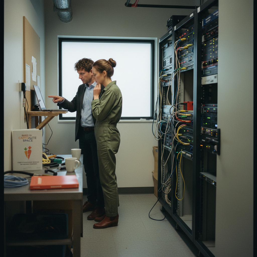 Two healthcare workers in a server room looking at a network rack, discussing data validation for an EMR migration.