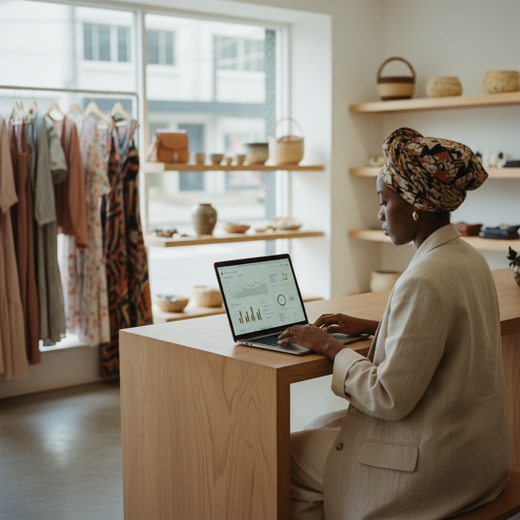 A retail store owner in a bright, modern shop in Nigeria reviews sales data on a laptop running Carrotsuite Retail.