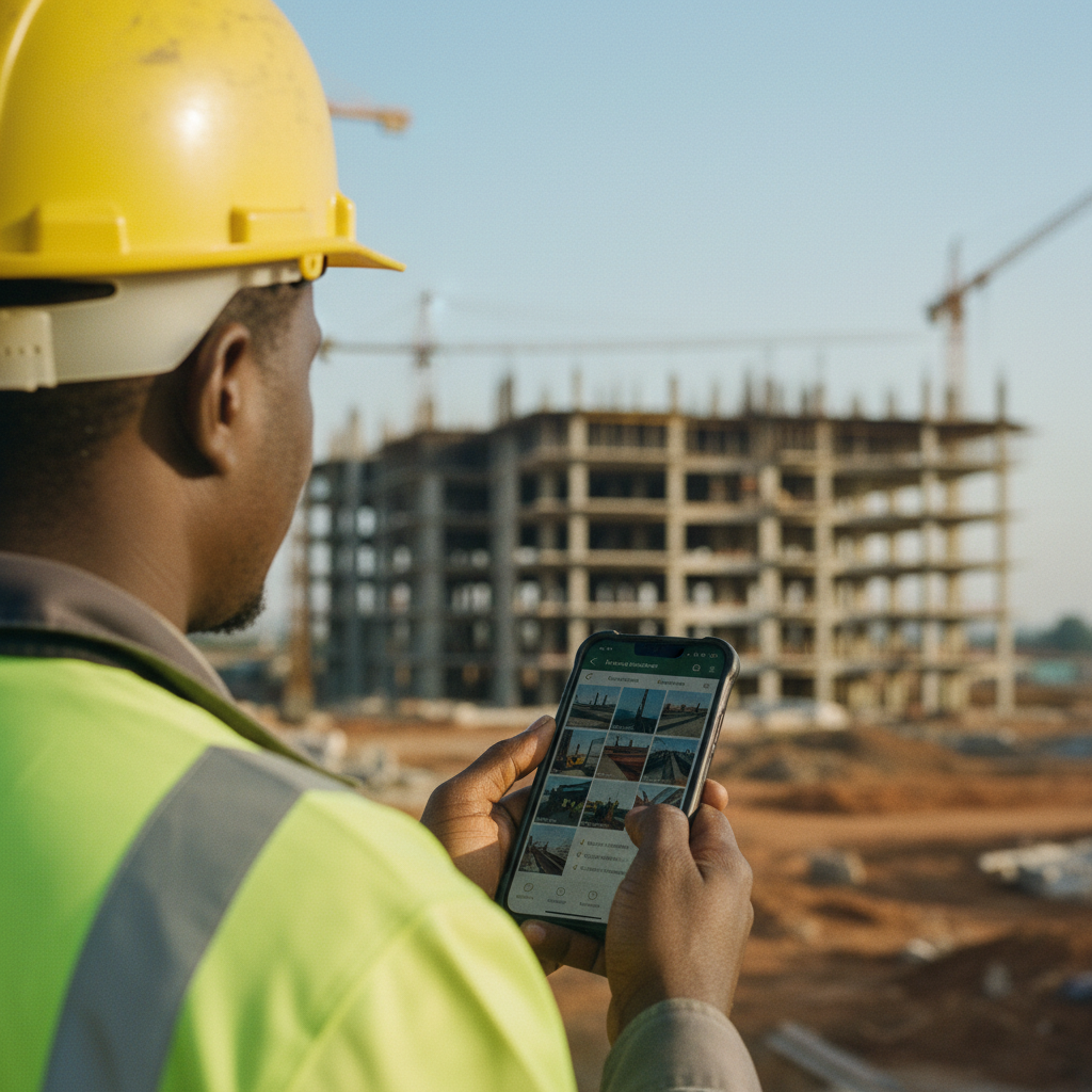 Close-up of a construction site manager in Nigeria using the Build by Carrot app on their smartphone.