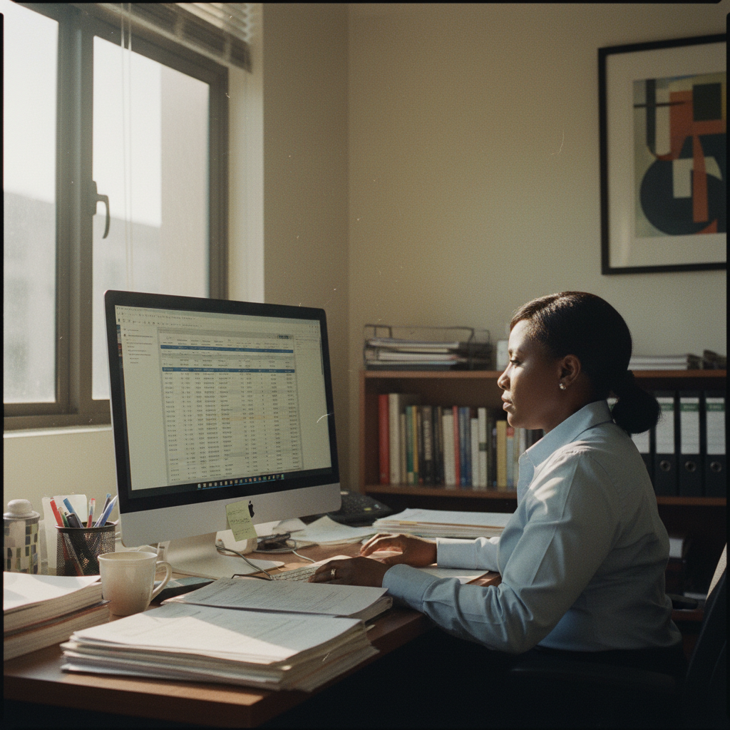 A hospital administrator in Lagos reviewing NDPA compliance reports on a desktop computer.