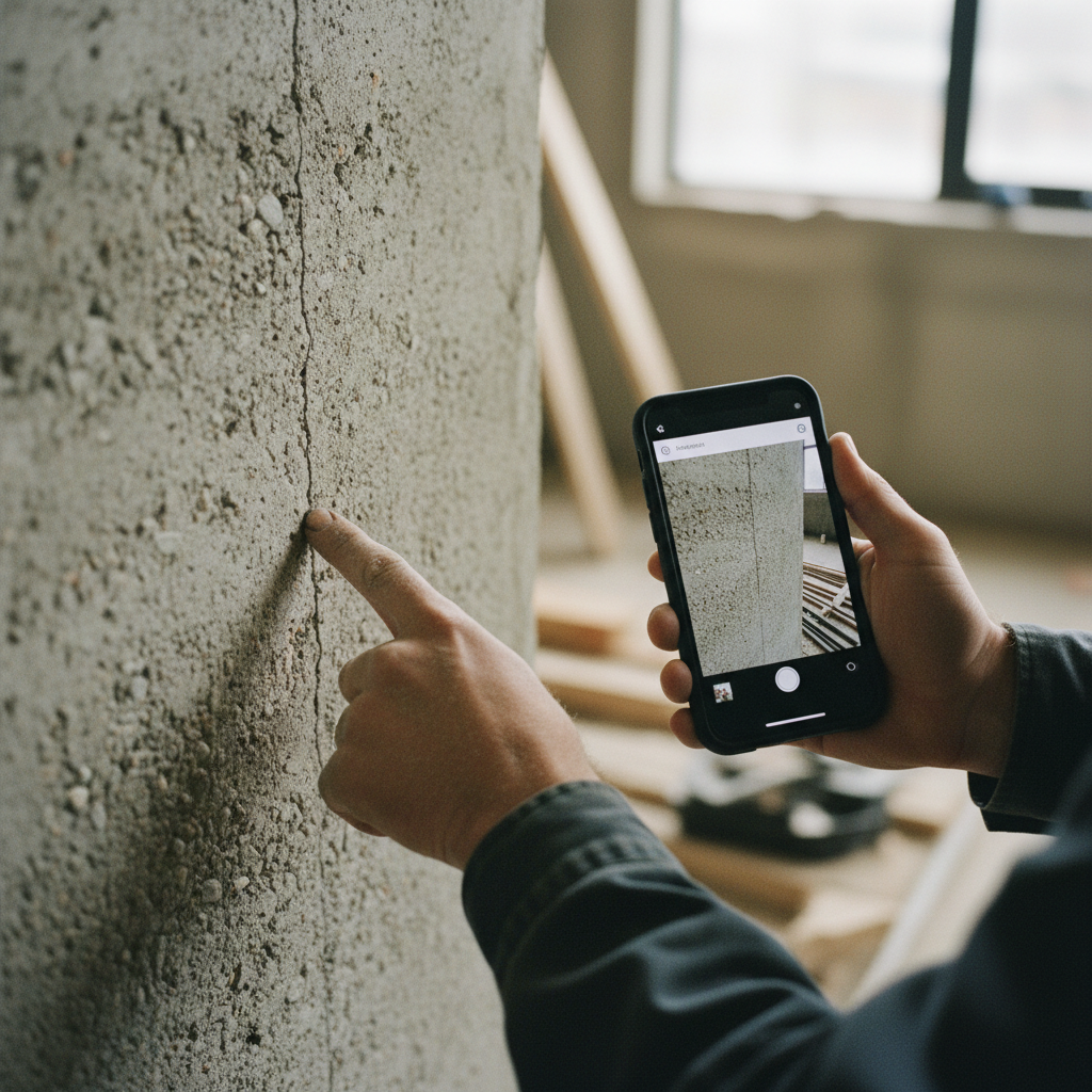 Close-up of a field manager pointing to a detail on a concrete wall, comparing it with a photo on a smartphone.