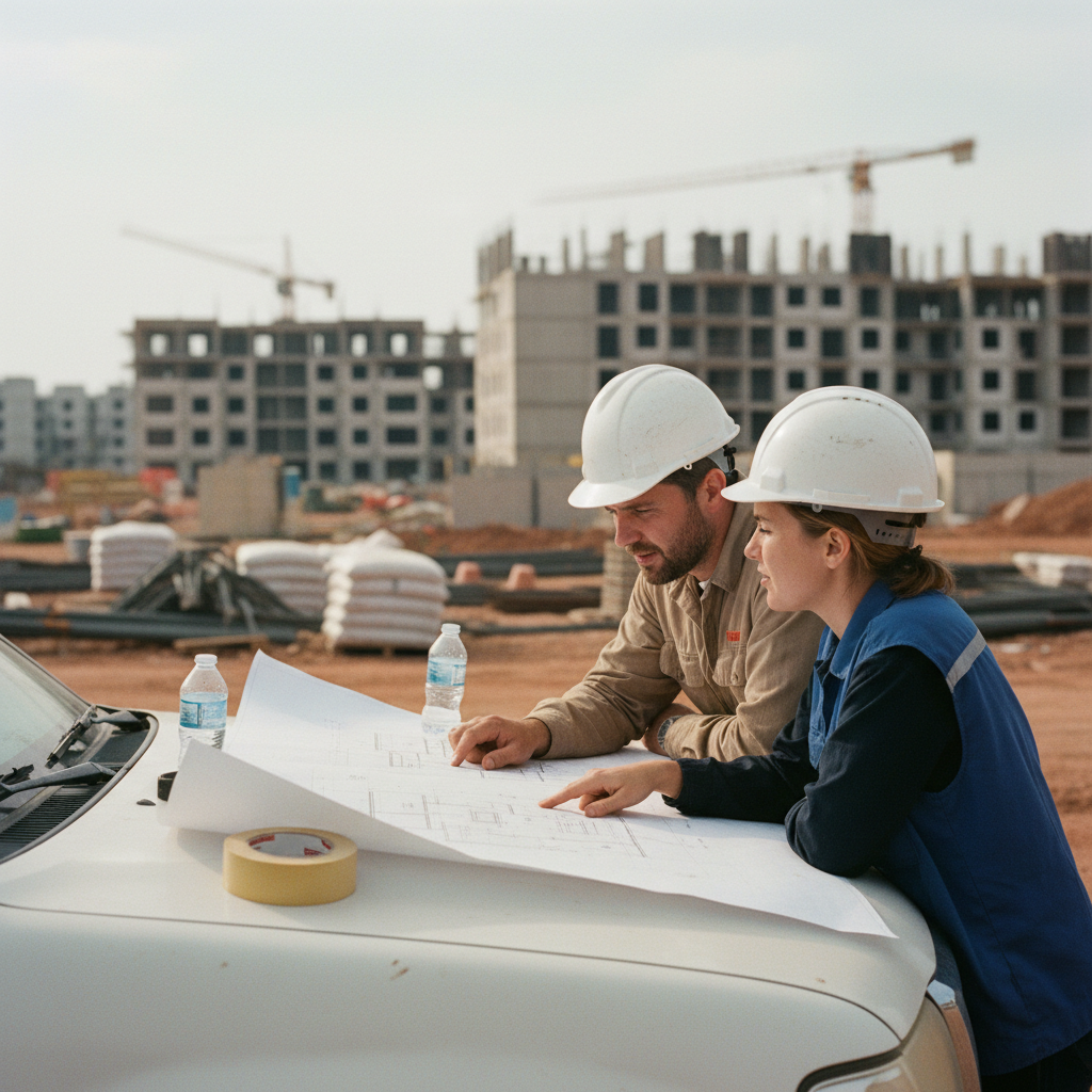 Two construction supervisors in discussion over a set of printed plans laid out on the hood of a pickup truck on a dusty site.