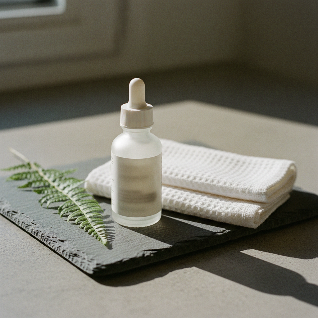 A frosted glass bottle of acne serum on a cool stone countertop next to a fresh linen towel.