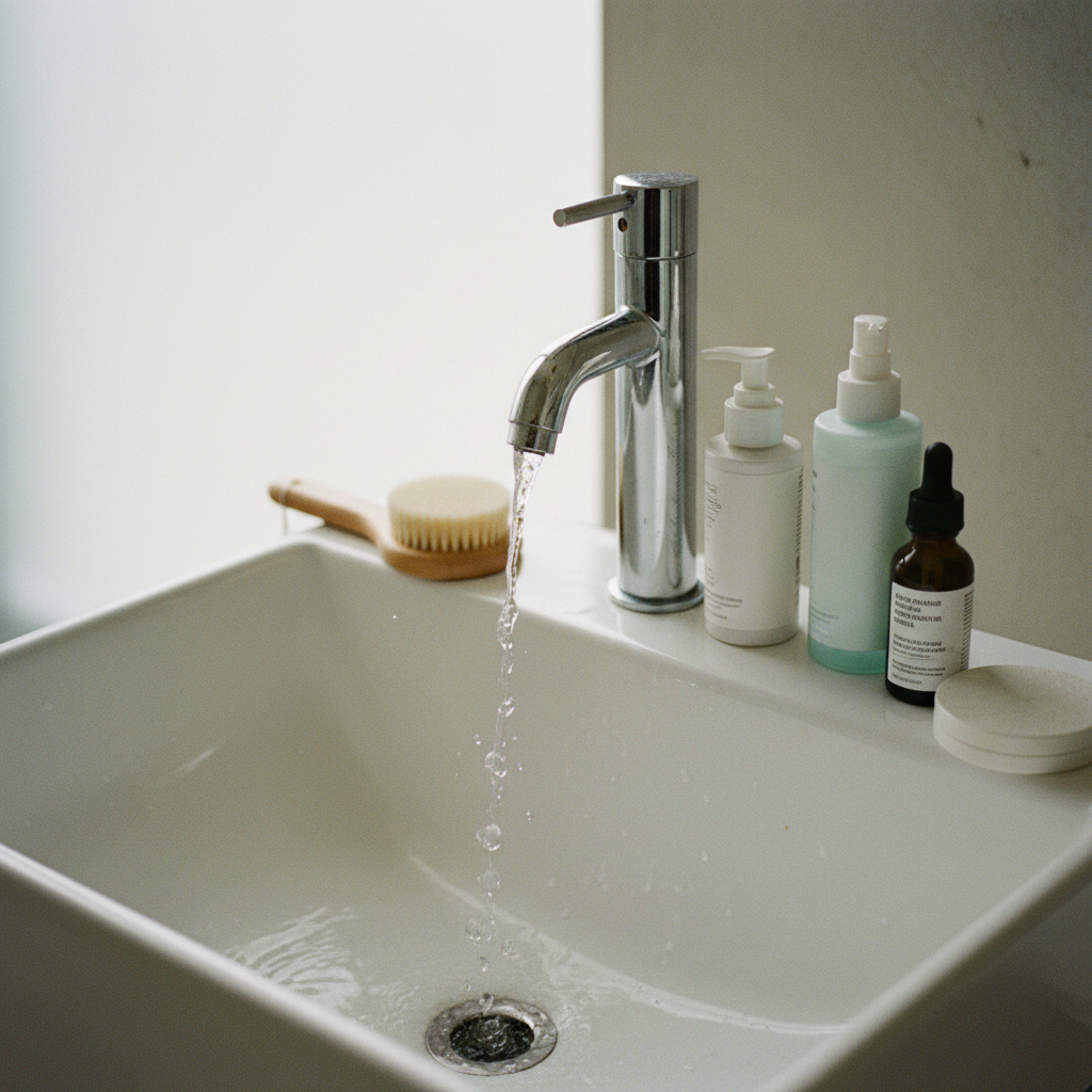 Water splashing onto a ceramic sink with a simple bar of soap and a wooden nail brush.