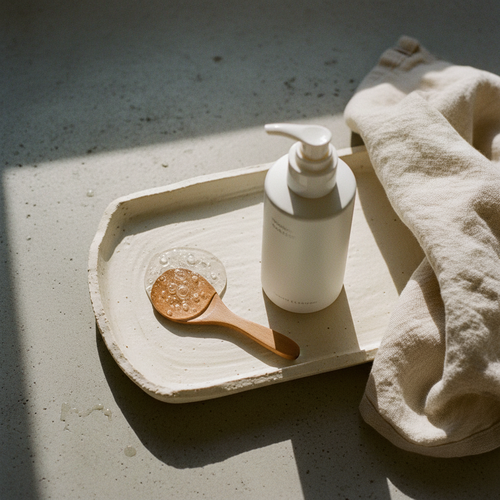 A ceramic tray holding a white bottle of cleanser and a wooden spatula with a dab of gel.