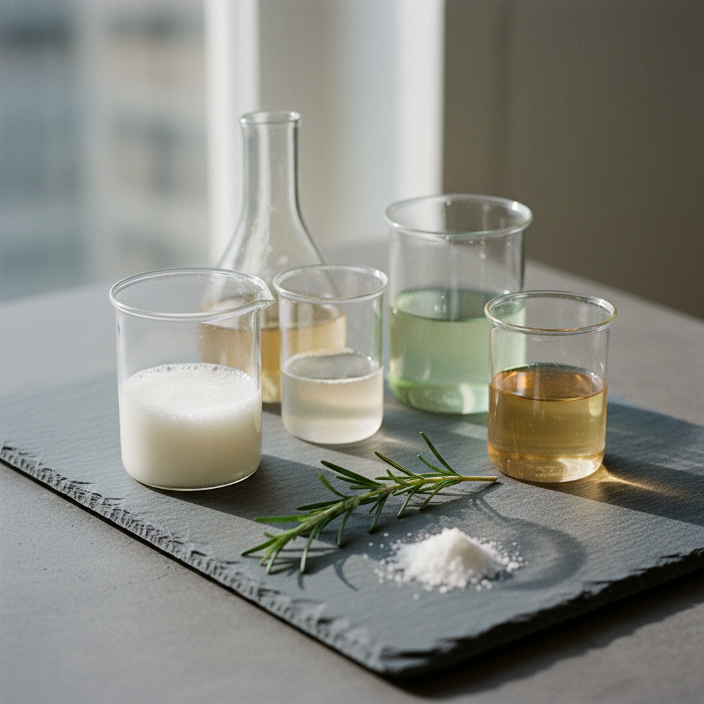 A minimalist laboratory setup with glass beakers and botanical extracts on a stone countertop.