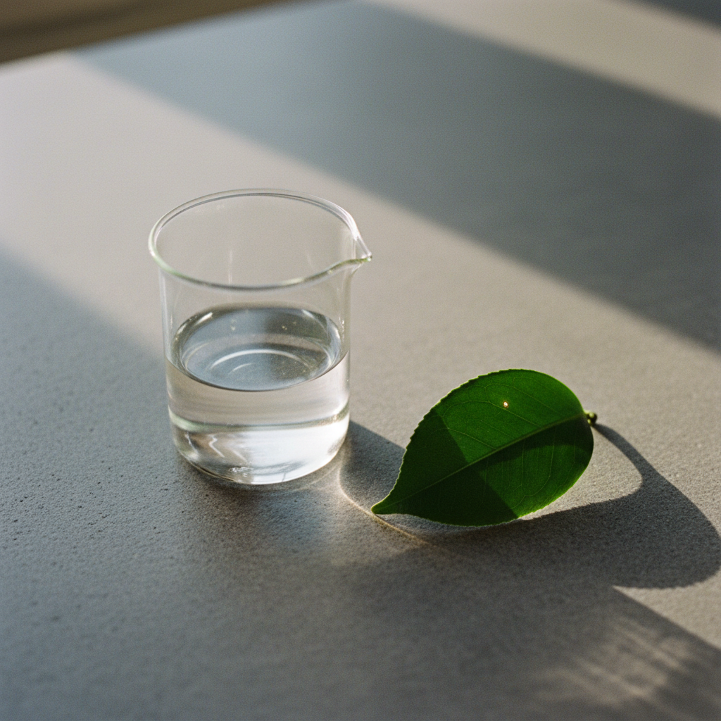A minimalist chemistry lab setting with glass beakers and fresh green leaves.