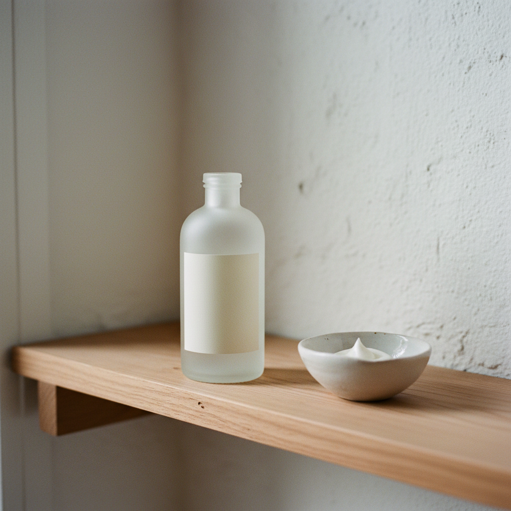 A single bottle of Heiko moisturizer on a cedar wood shelf.