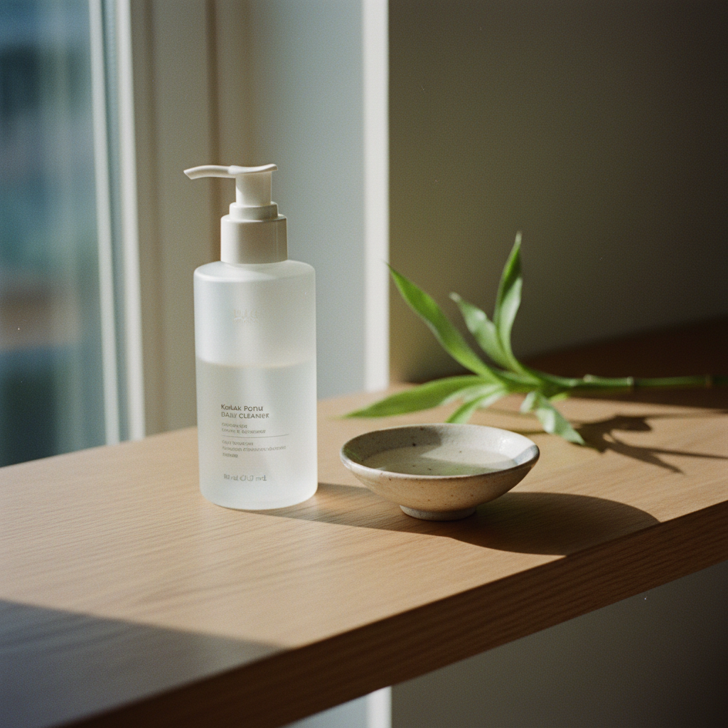 A minimalist skincare set on a light wood surface with soft morning light.