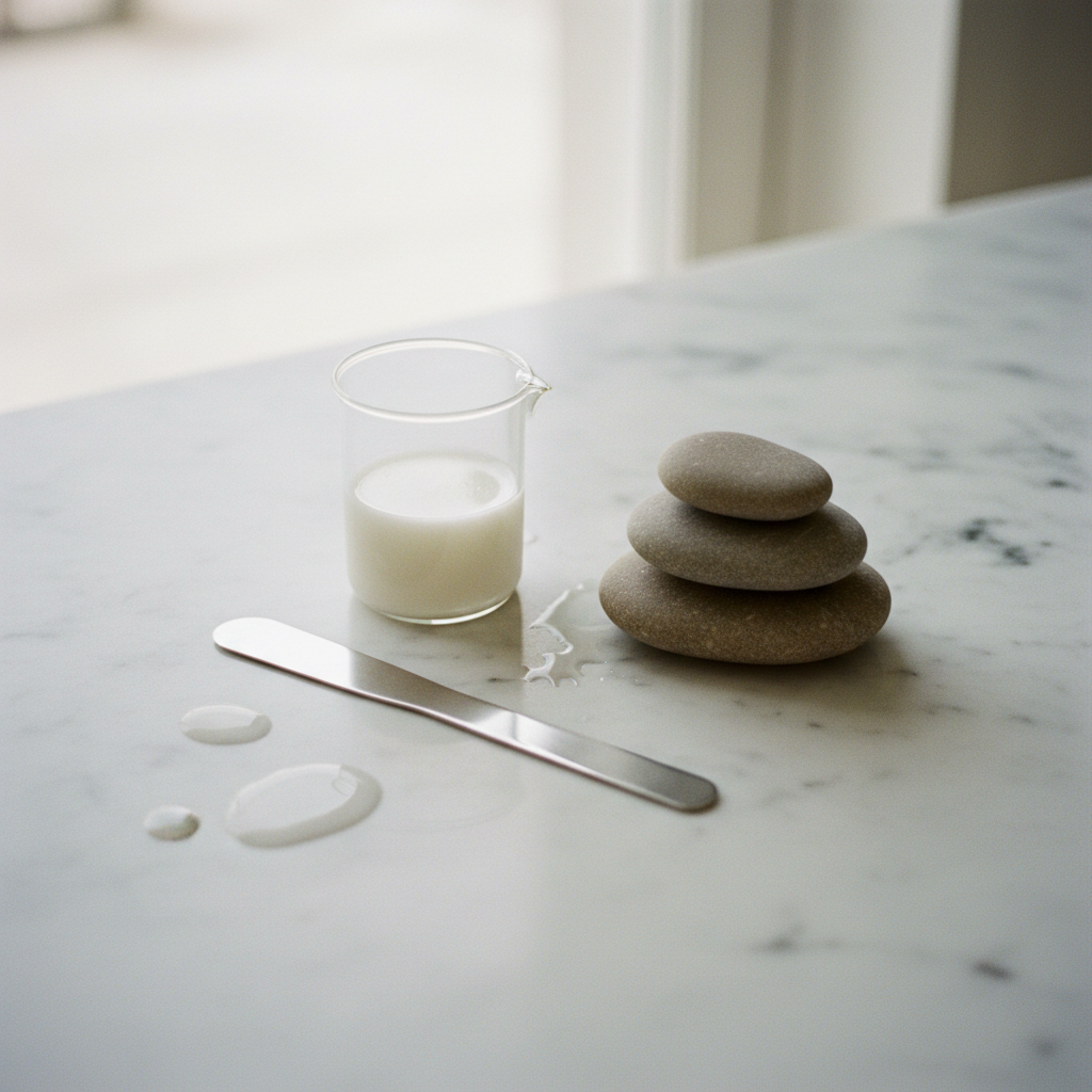 A laboratory-inspired workspace with balanced skincare ingredients and Japanese botanical elements.