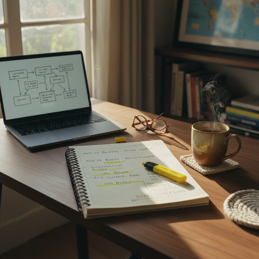 A close-up of a wooden desk with a spiral-bound notebook, a highlighter, and a mug of chai, with a laptop showing a cloud architecture diagram.