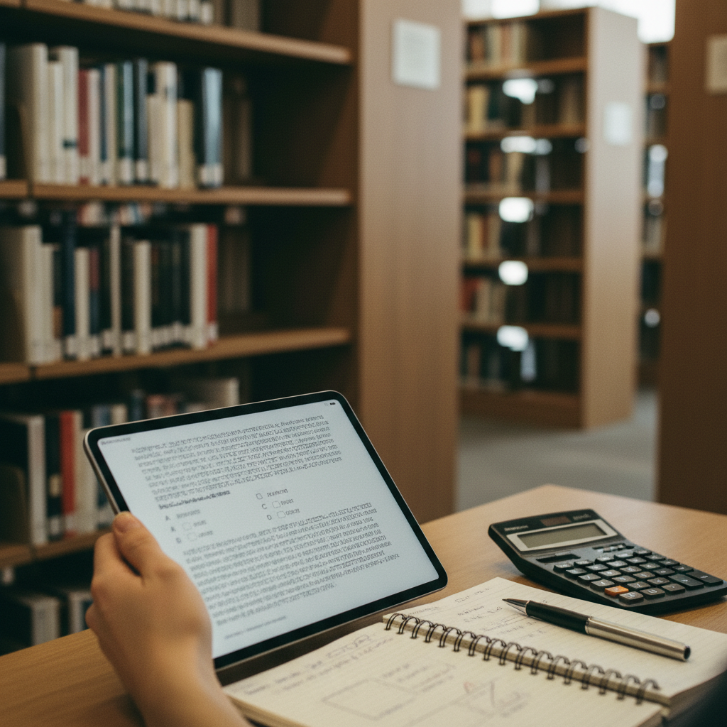 A student in India using a tablet to review AWS practice test explanations while sitting in a quiet library.