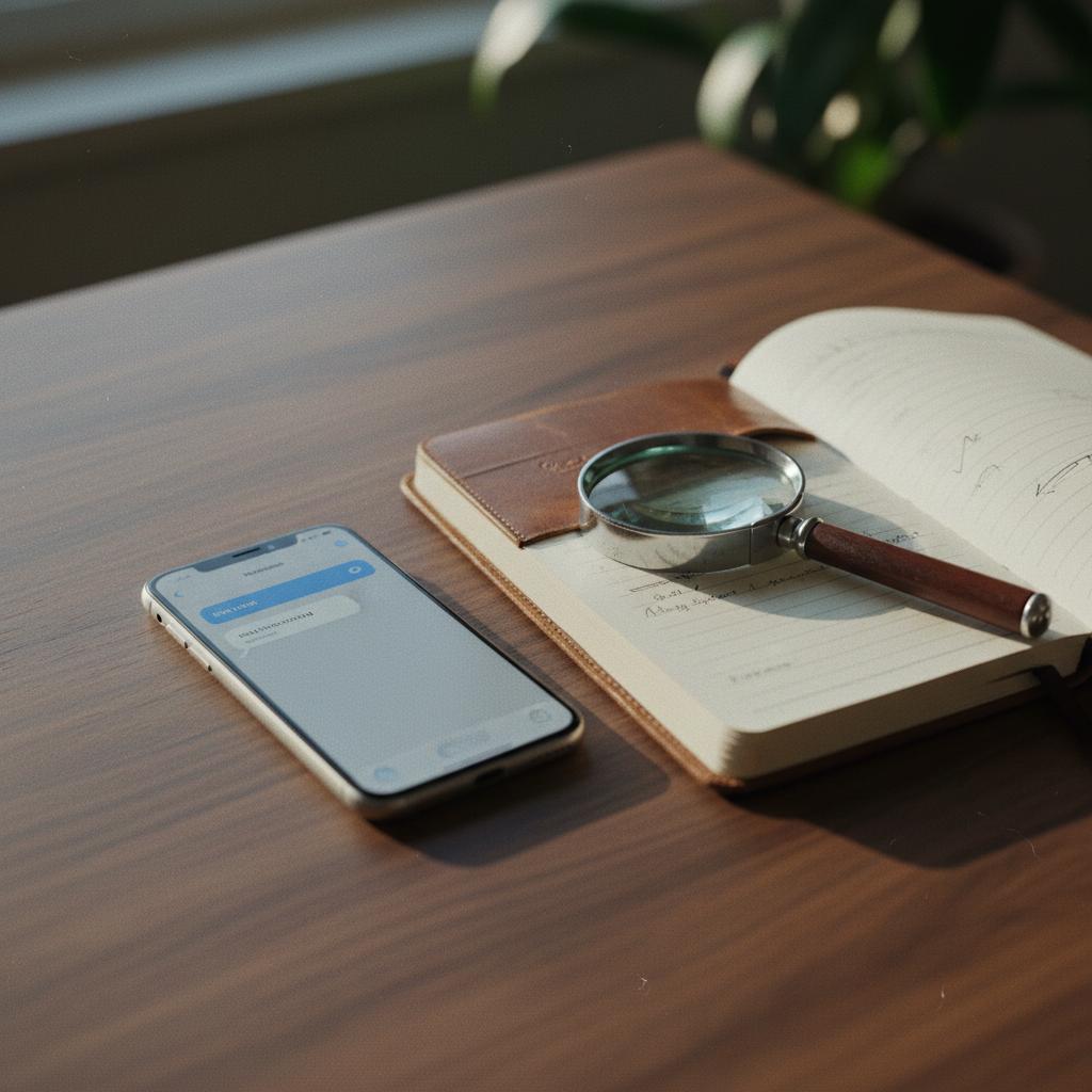 A smartphone on a wooden desk displaying a suspicious text message next to a magnifying glass and a notebook.