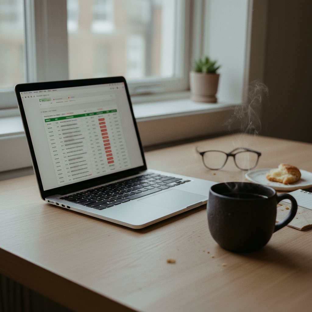 A professional workspace with a laptop showing a security audit report and a cup of coffee.