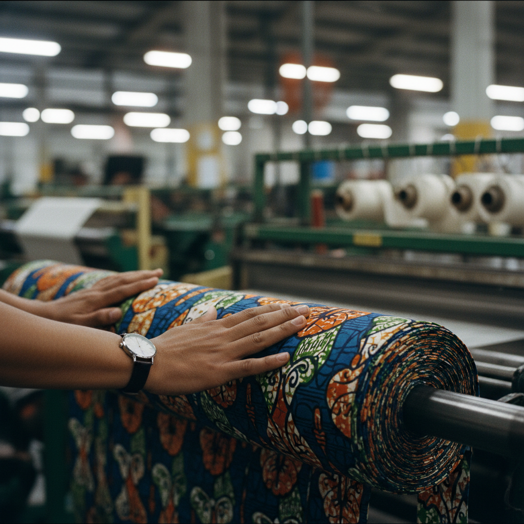 Close-up of a worker at a textile factory in Kano inspecting fabric for export.