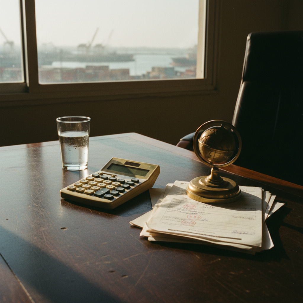 A wooden desk in a Lagos export office with a shipping manifest, a calculator, and a stack of bills of lading.