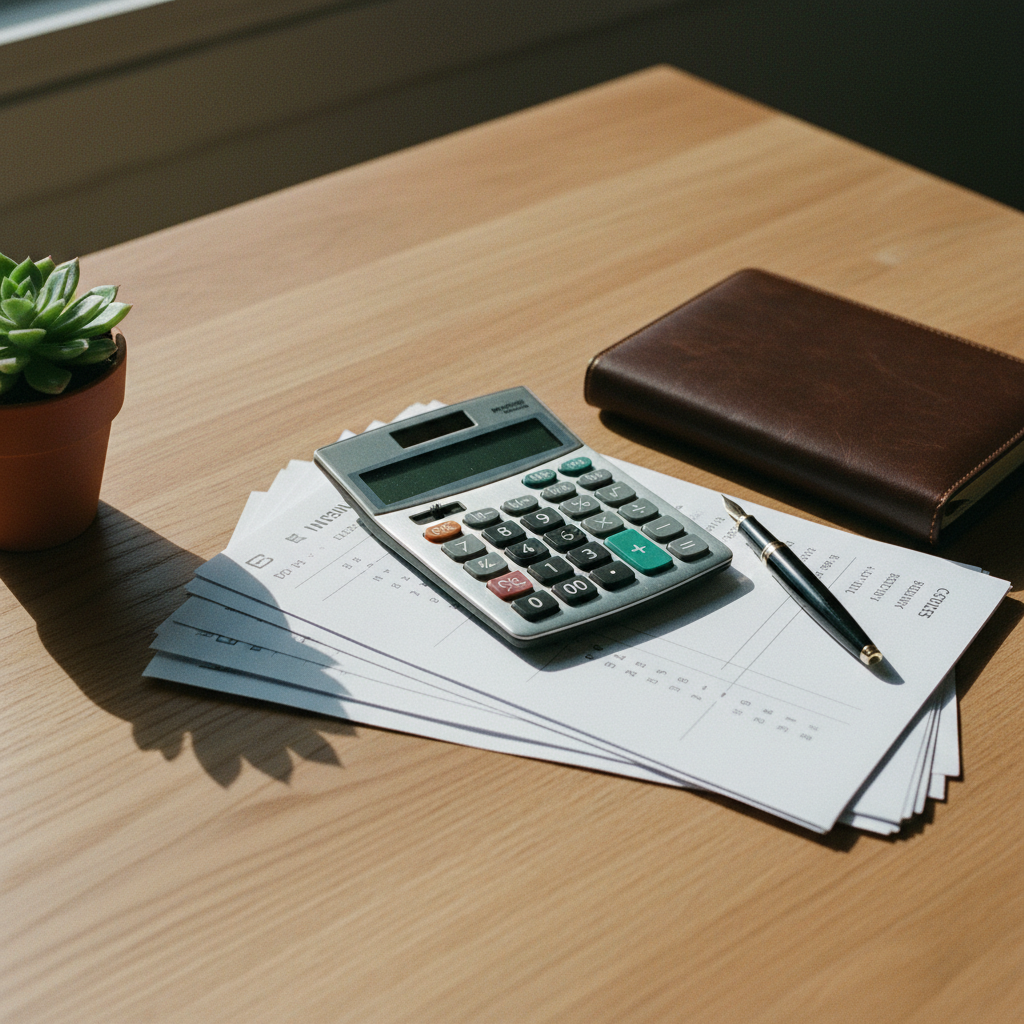 A clean, organized desk with a calculator, a notebook, and a stack of international shipping documents.
