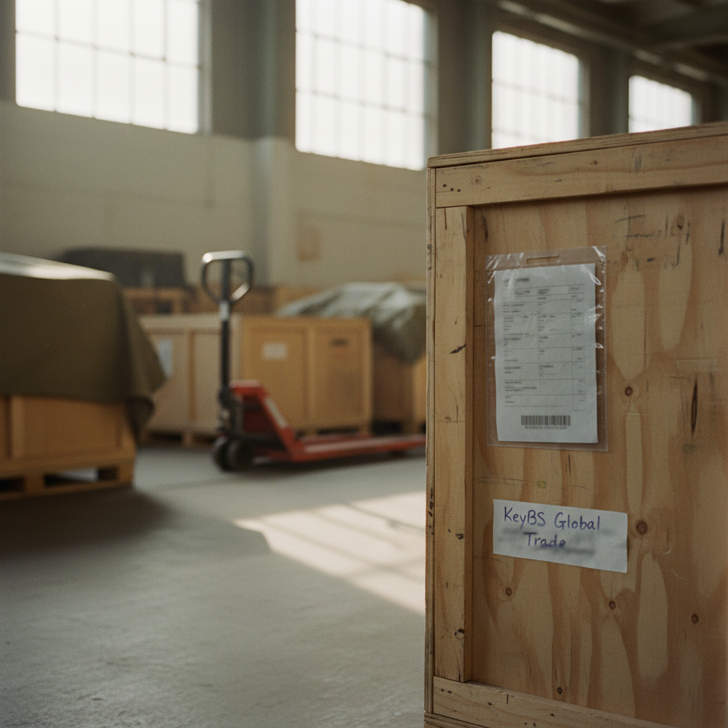 A close-up of a wooden shipping crate in a brightly lit warehouse with a manifest attached to the side.