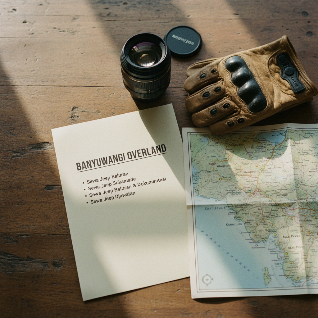Detailed itinerary documents and a map of East Java resting on a wooden table next to a camera lens.