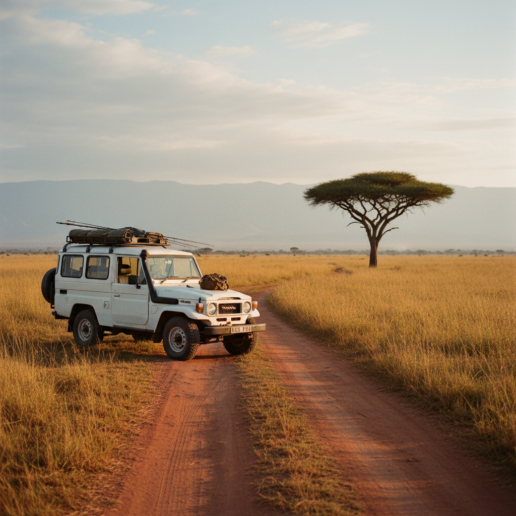 A classic 4x4 jeep parked on the edge of the Bekol Savanna in Baluran National Park at dawn.