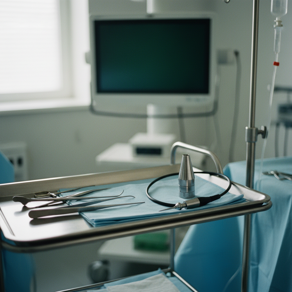 A sterile laparoscopic surgical setup with precision instruments on a stainless steel tray.