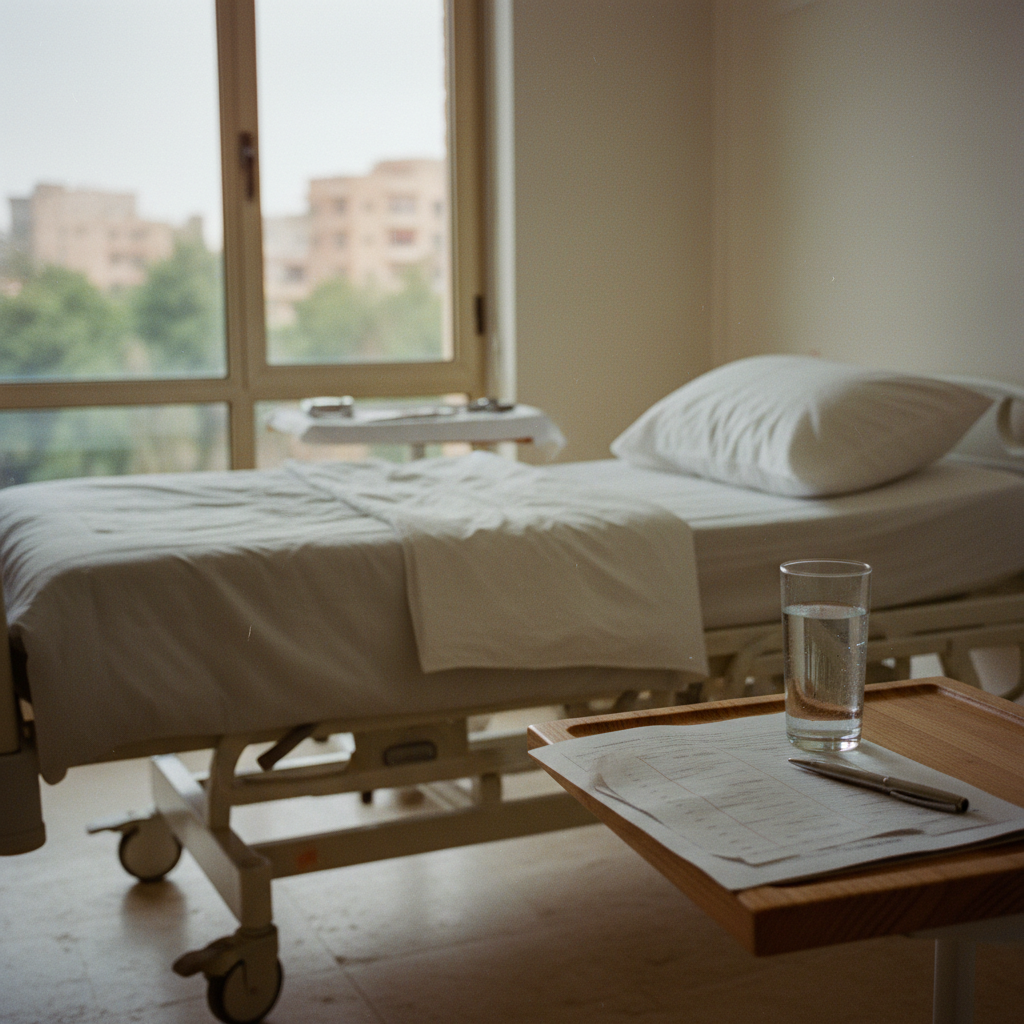 A patient's view of a clean, comfortable recovery room in a Cairo medical facility.
