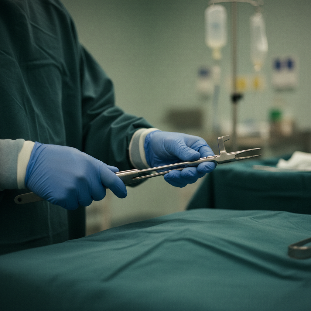 Close up of a surgeon's hands in sterile gloves holding a high-precision laparoscopic grasper tool.