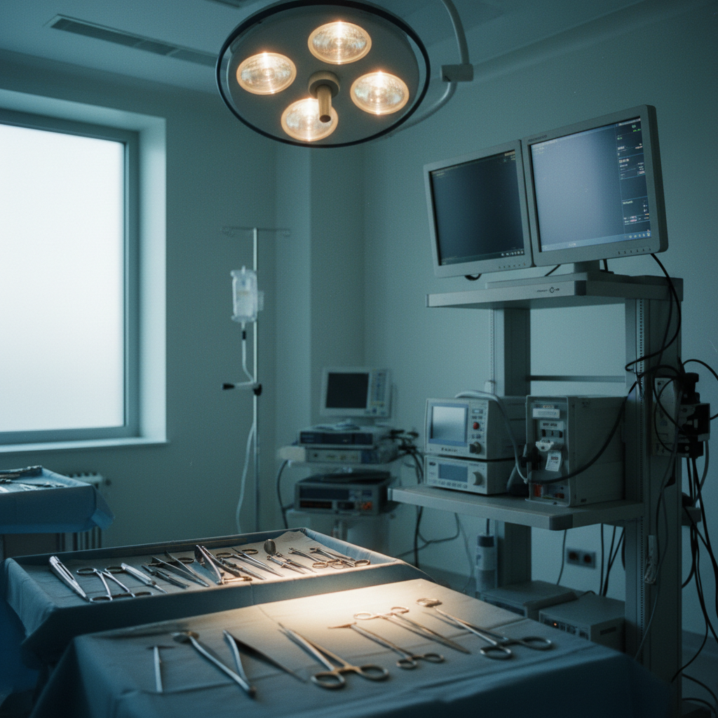 A specialized laparoscopic surgical suite in Cairo with advanced monitors and surgical instruments prepared for a colorectal procedure.