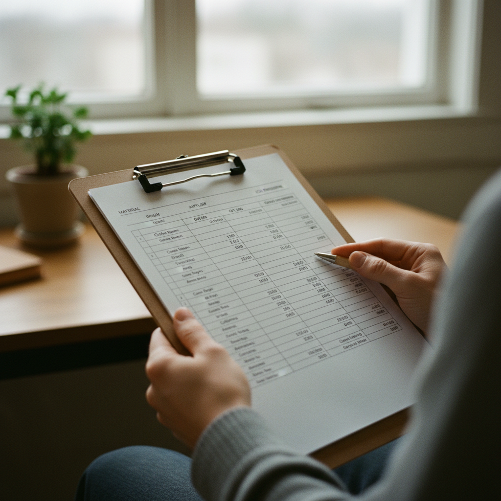 A close-up of a consultant's hands analyzing a spreadsheet on a clipboard, focusing on raw material sourcing data for food production.