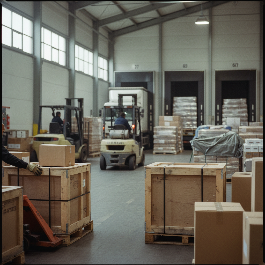 A logistics hub with crates and loading docks, illustrating complex distribution networks managed by Waswa.