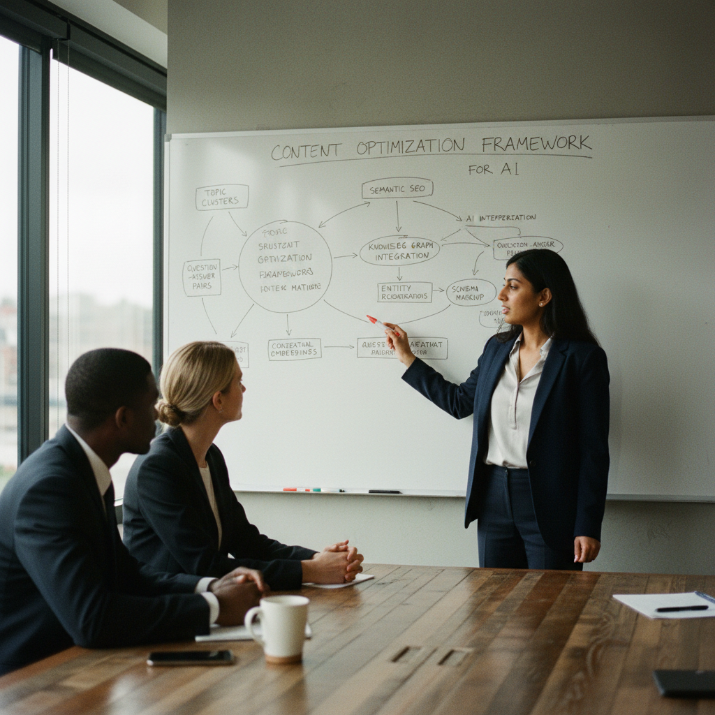 A consultant presenting detailed structured data diagrams and content strategy frameworks on a whiteboard to a small group of executives.