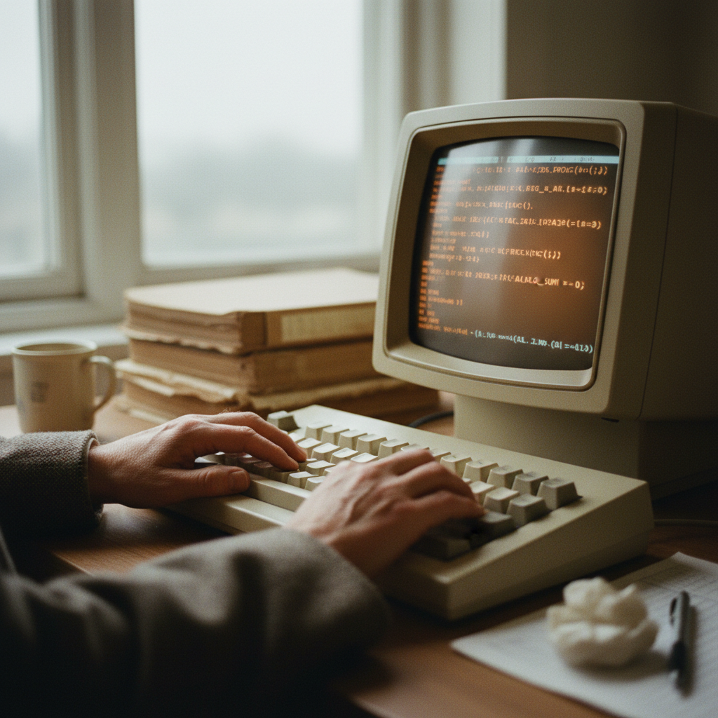 Close-up of hands typing on a vintage 1970s computer terminal, displaying lines of code related to data processing or early algorithmic analysis.