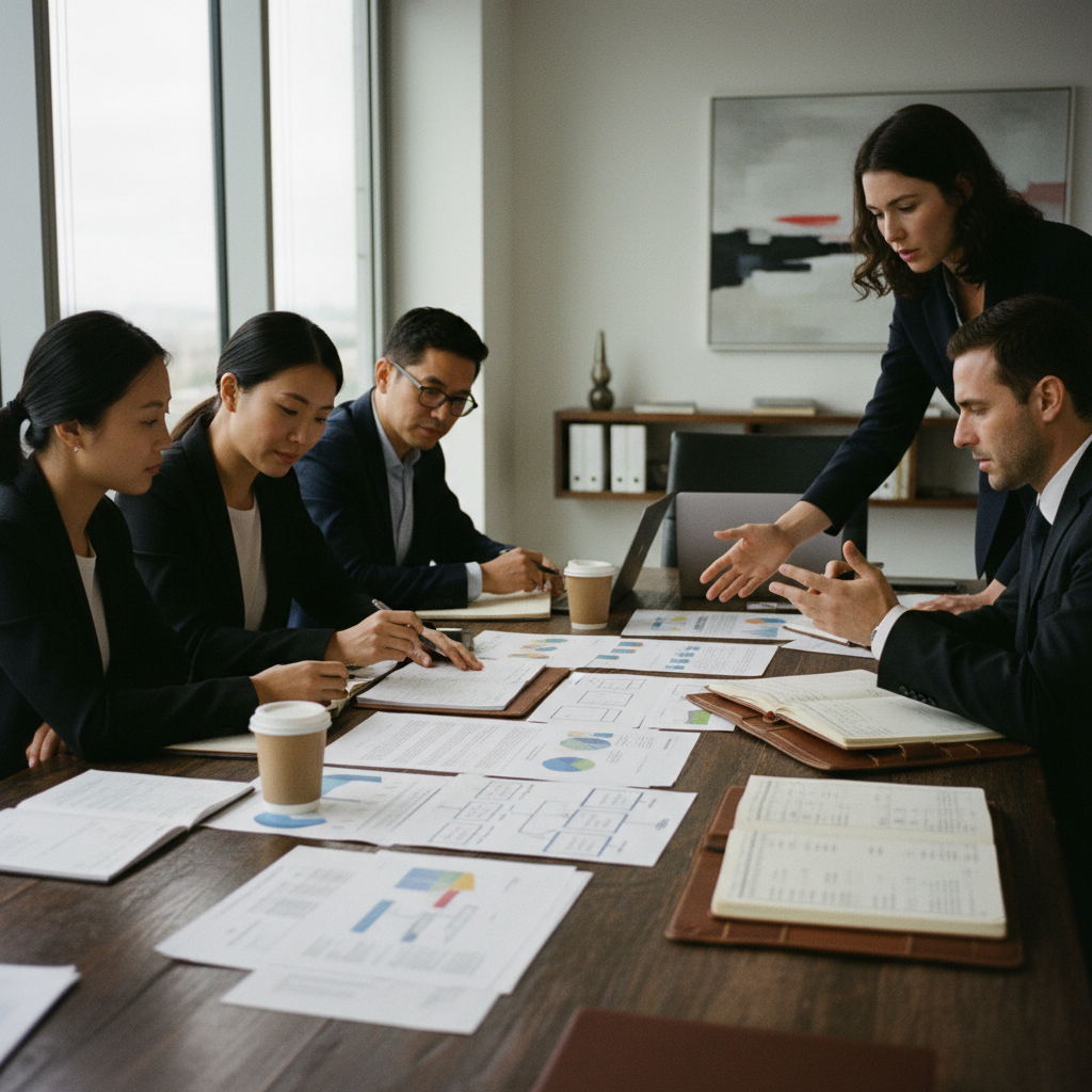 Diverse team of consultants collaboratively analyzing complex legal documents and flowcharts on a large conference table, depicting regulatory compliance expertise.