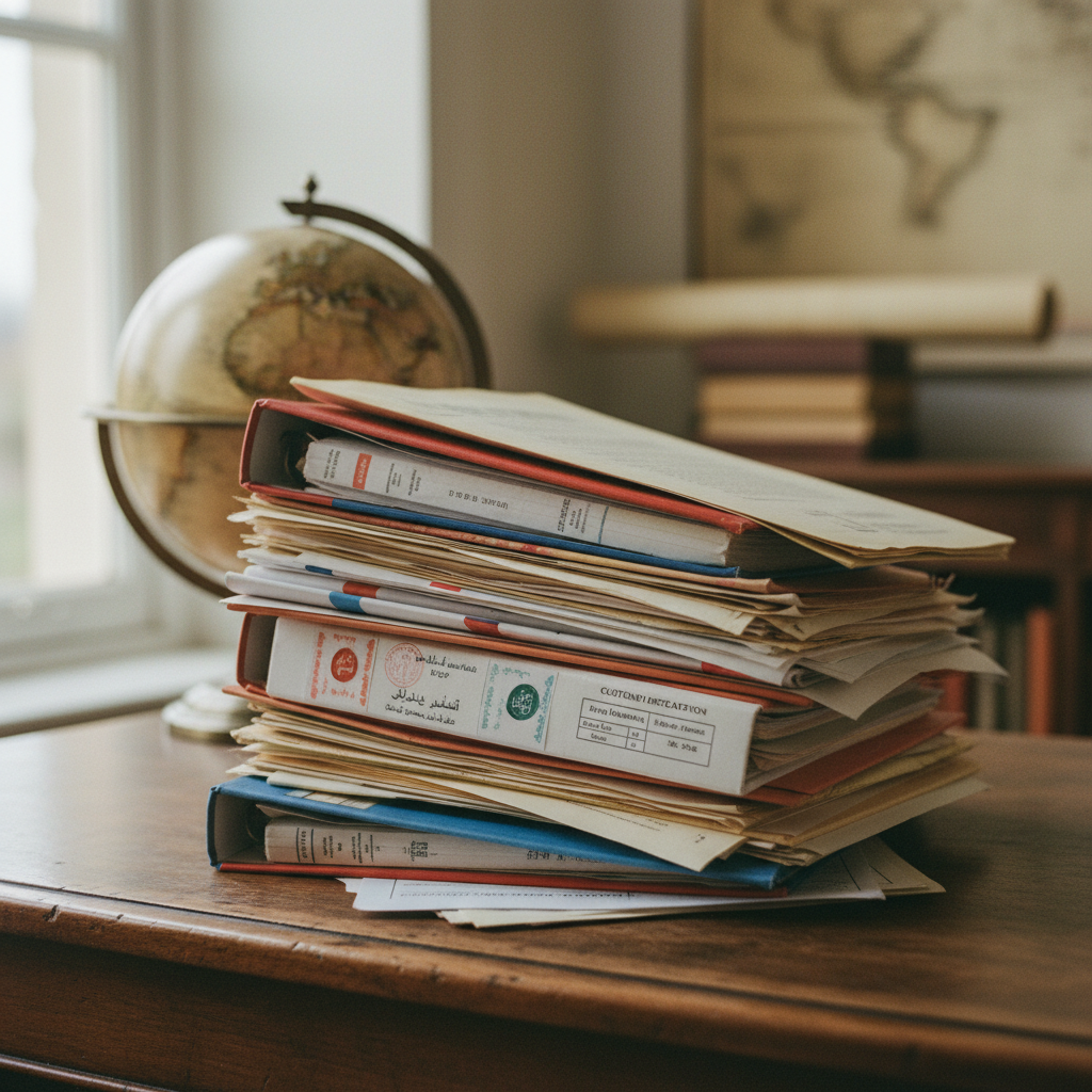 A stack of various international trade agreements and legal binders, symbolizing global regulatory complexity and cross-border operations.