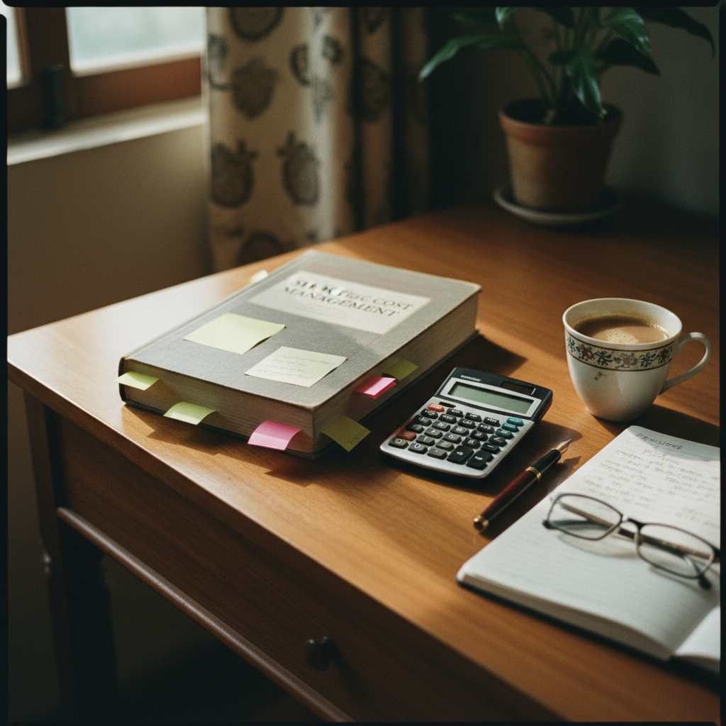 A stack of professional accountancy textbooks and a focused student taking notes on a wooden desk.
