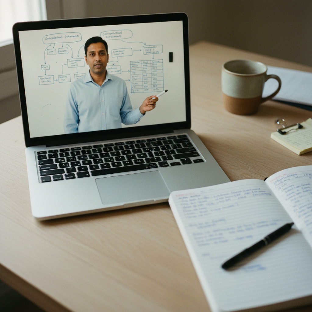 A laptop screen showing a video lecture interface next to an open notebook.