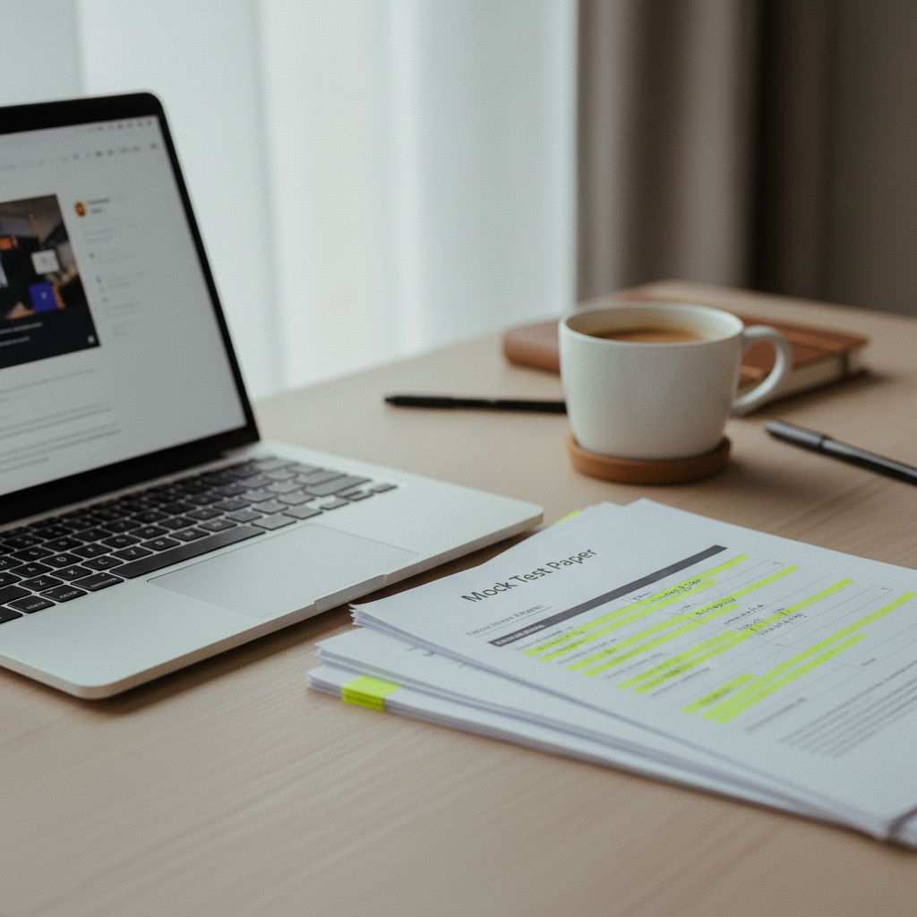 A laptop screen displaying a video lecture alongside a stack of printed MTP question papers and a highlighter.