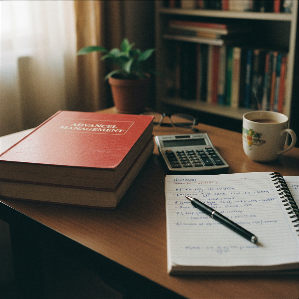 A neat wooden desk with a heavy ICAI CA Final textbook, a calculator, and a notebook filled with audit notes under soft desk lighting.