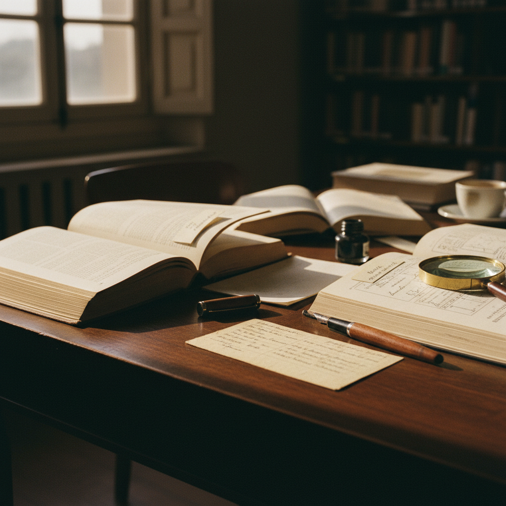 Visão macro de uma biblioteca técnica organizada com etiquetas de indexação precisas.