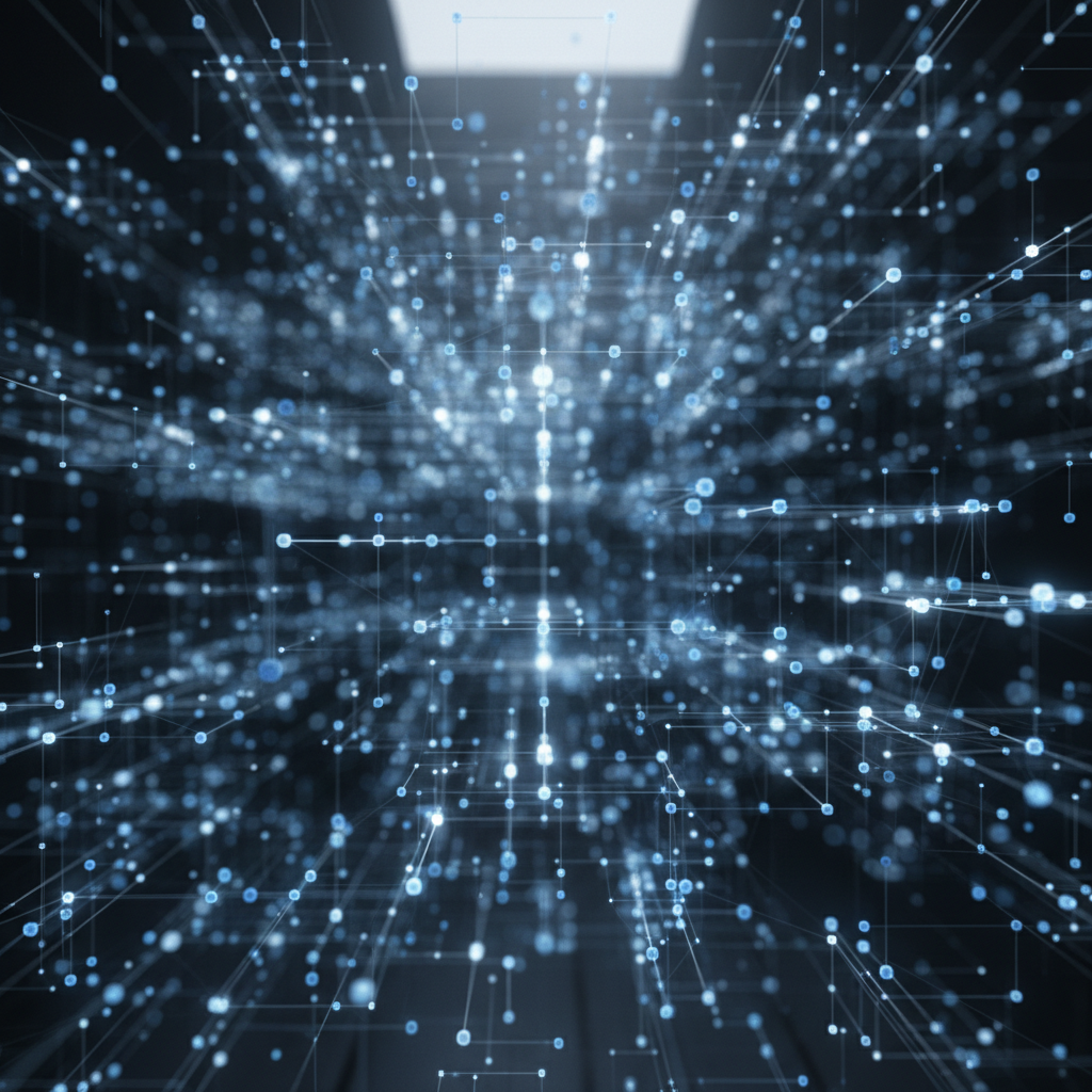 A complex network of glowing nodes and lines, representing structured data for AI answer optimization.