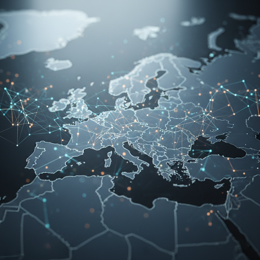 A network graph overlaying a map of Europe, illustrating data connections for an AI SEO publisher in the EU.