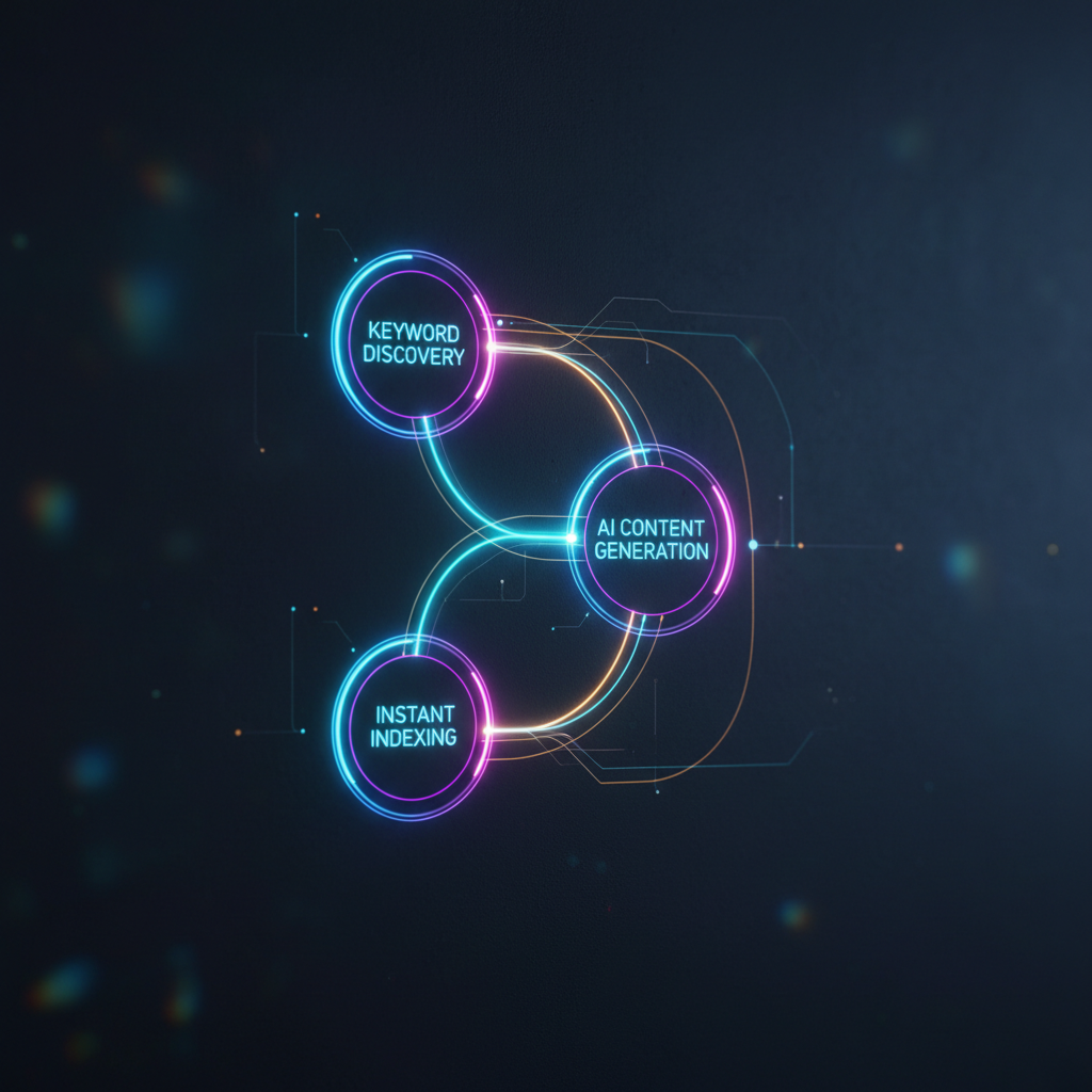 A schematic diagram showing the flow of content from keyword discovery to AI indexing.