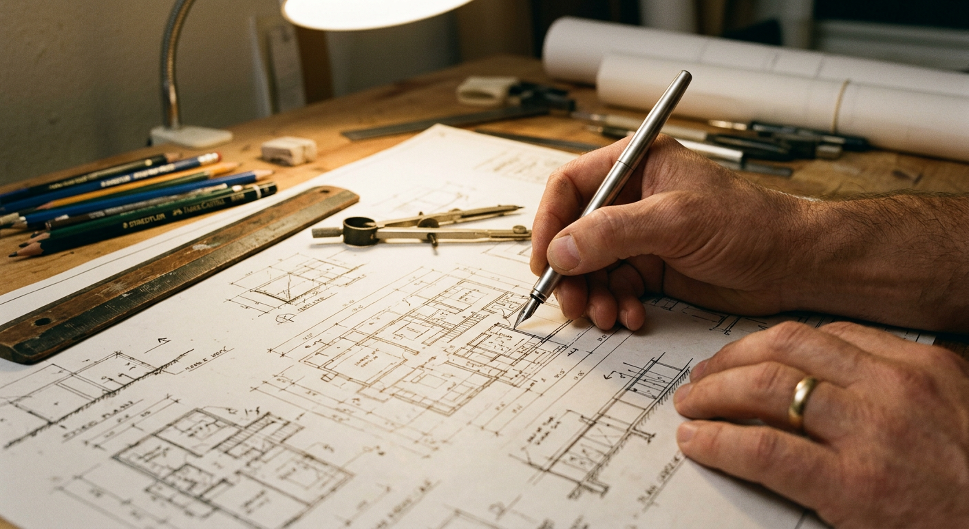 A hand holding a fountain pen over a detailed architectural blueprint.
