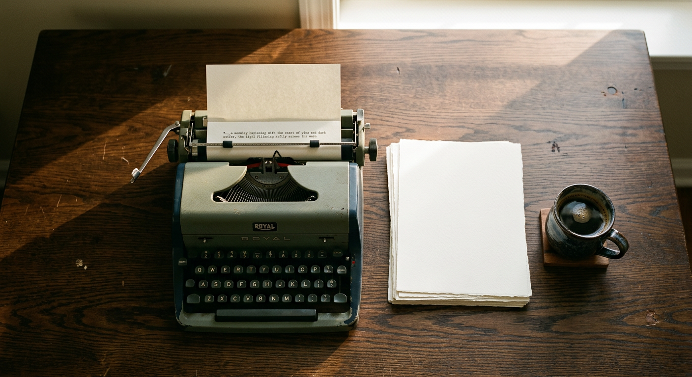 A clean, minimalist workspace with a mechanical typewriter and a stack of fresh paper under soft morning light.