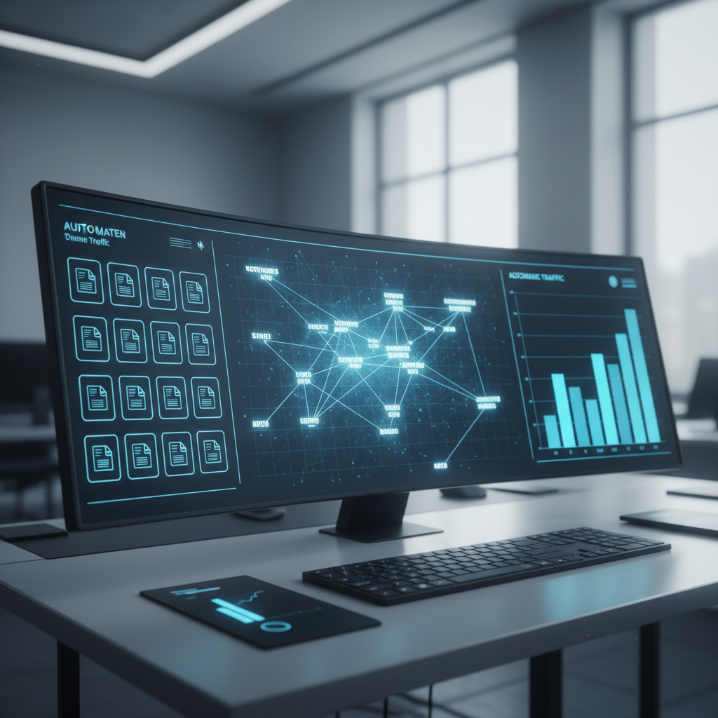 A futuristic control room with holographic displays showing website traffic graphs and content flows.