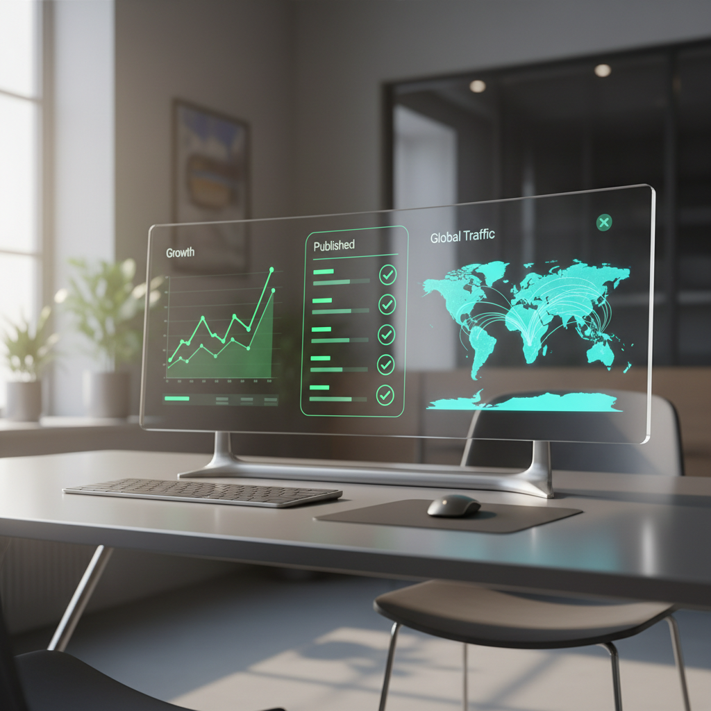 A sleek digital dashboard showing SEO growth metrics and automated publishing schedules.