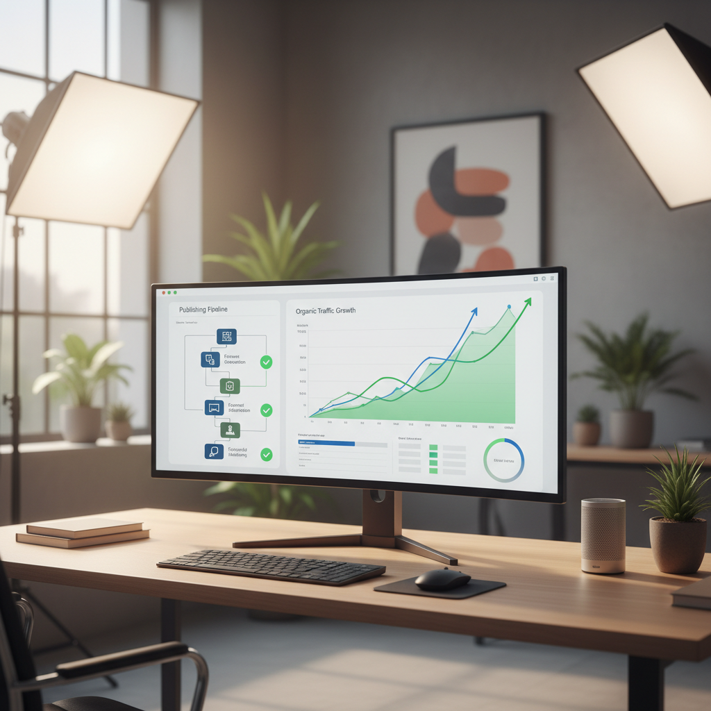 A modern workspace featuring a sleek computer monitor displaying a complex SEO data dashboard with growth charts and automated publishing schedules.