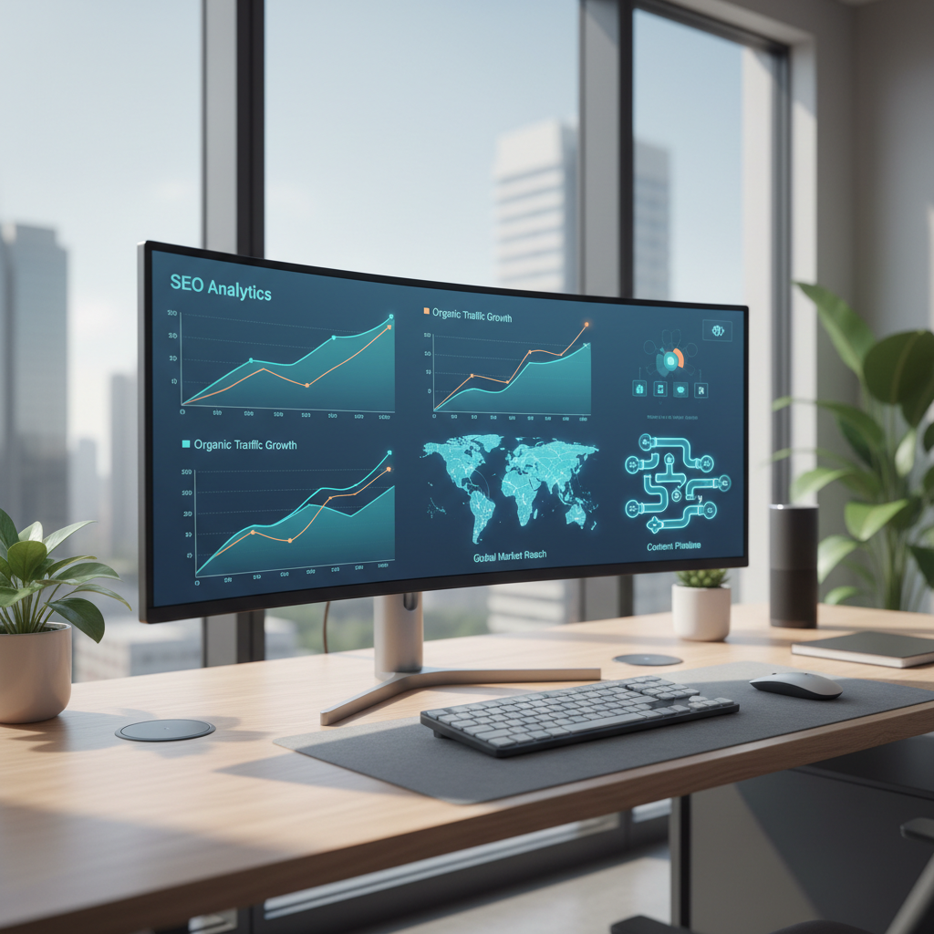 A sleek, modern digital dashboard showing automated SEO workflows and content growth charts.