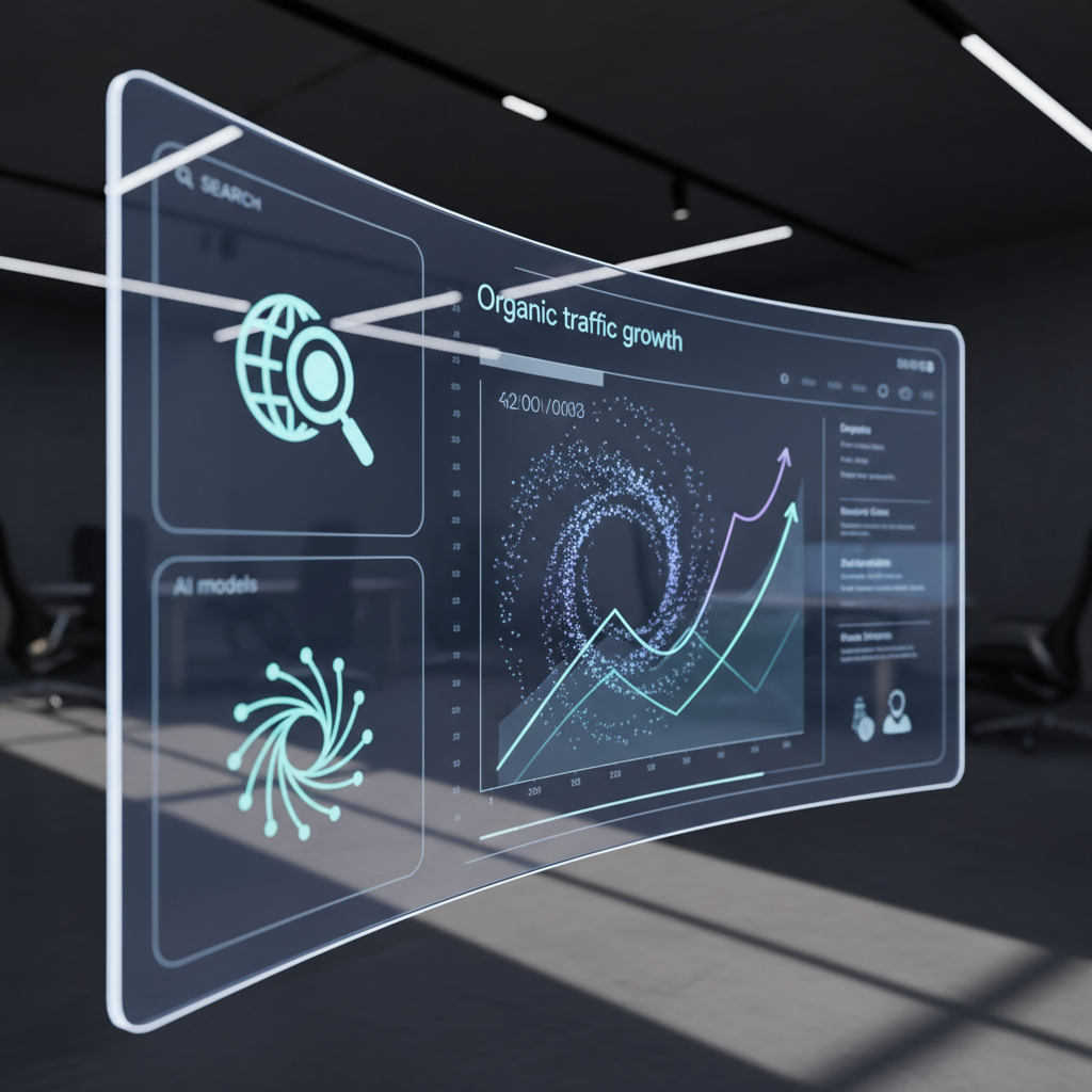 A high-tech command center interface showing real-time website growth curves and content publishing streams.